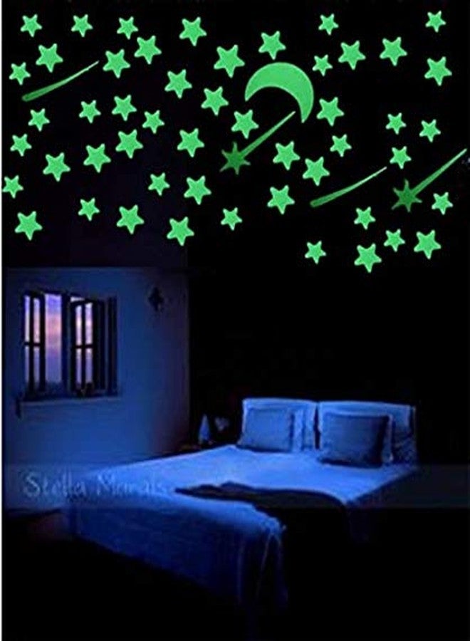 Sage Square Radium Green Color Fluorescent Night Glow in The Dark Star Wall Sticker for Kids Room and Living Room (Pack of 28) (Moon & Star) - Image 2